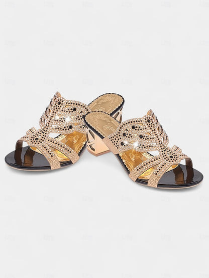and Heeled Sandals Rhinestone Gold Embellished - Green