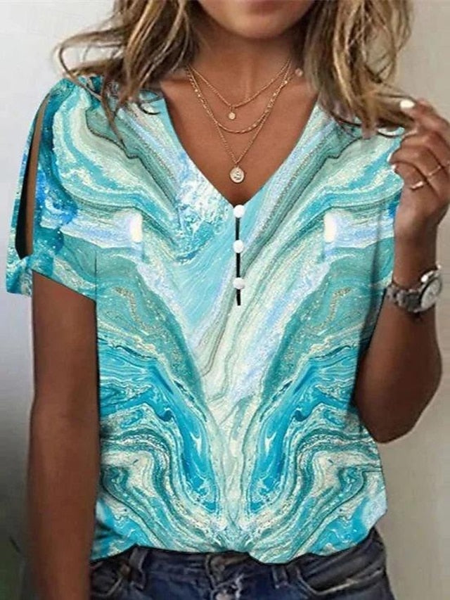 Women's Blouse V-Neck Short Sleeve Split Floral Print