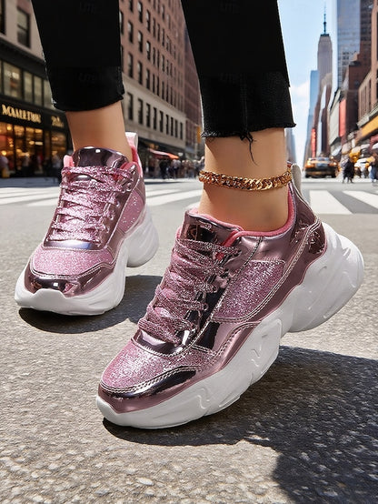 with Platform Sneakers Metallic Women's Glitter Chunky
