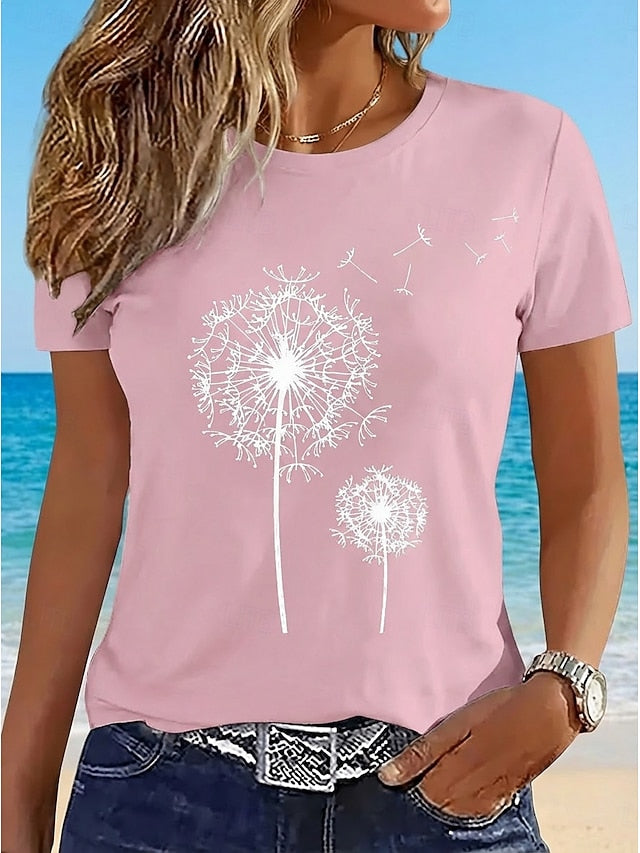 Women's Casual T-Shirt Dandelion Print Crew Neck White