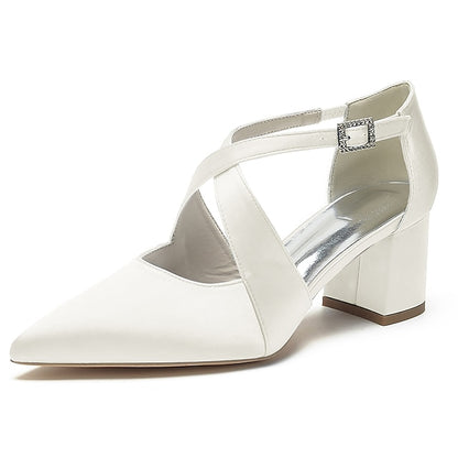 Satin Elegant Toe – White Women's Heels Block Pointed