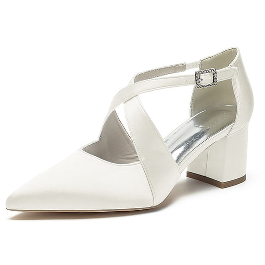 Satin Elegant Toe – White Women's Heels Block Pointed