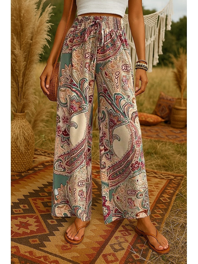 Women's Wide Leg Pants Trousers Bohemian Casual Long High