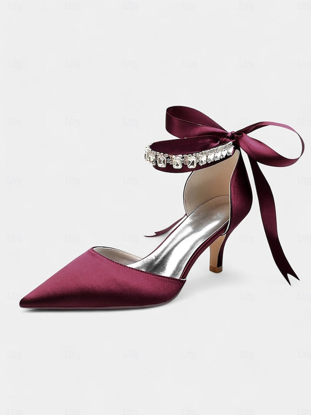 with Rhinestone Satin Ankle and Heels Pointed-Kitten Blue Strap