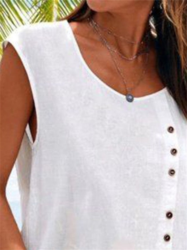 Women's Tank Top Faux Cotton Linen Buttons Plain Hawaiian