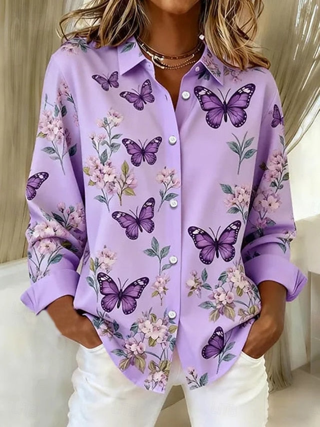 Women's Shirt Buttons Print Butterfly Vintage Stylish
