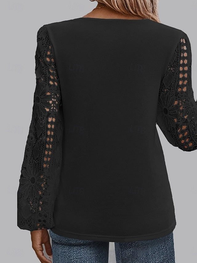 Women's White Elegant Lace Tops Eyelet Blouse Casual Solid