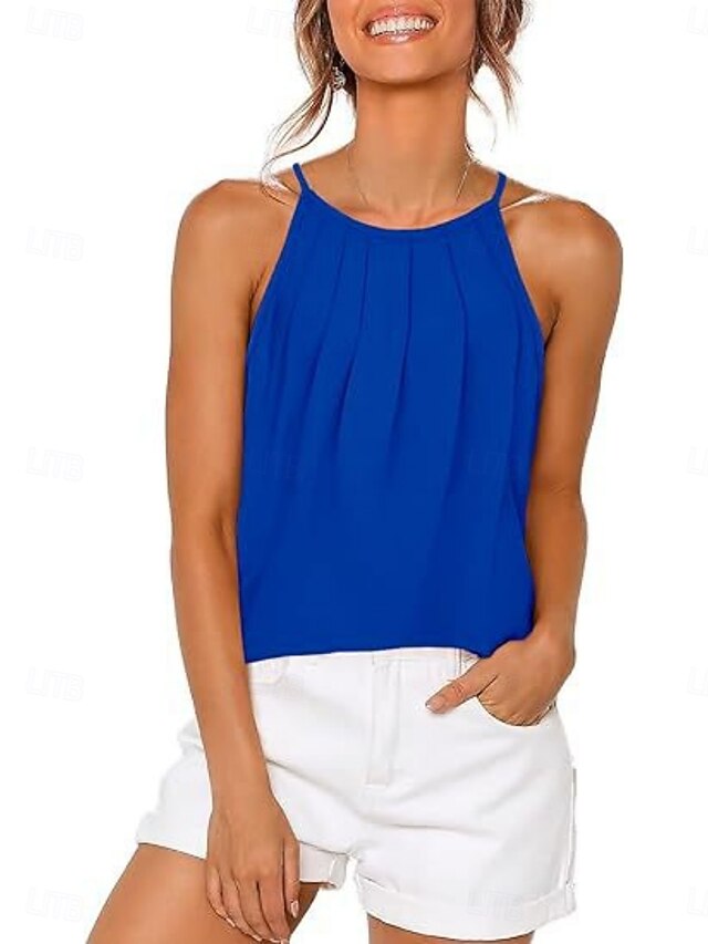 Women's Tank Top Sleeveless Shirt Tee Top Pleats Solid