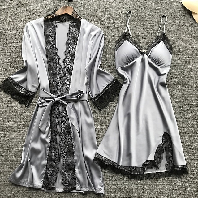Women's Lace Satin Silk Pajamas Sets 4 Pcs Home Party Daily