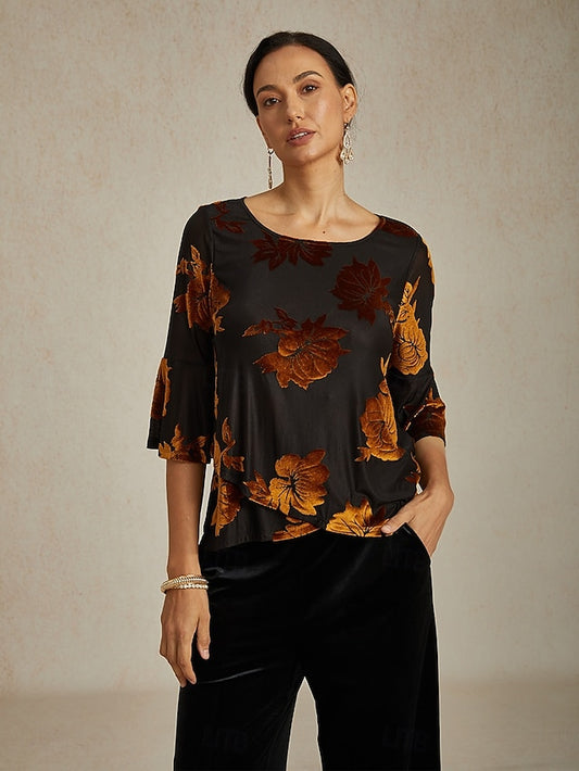 Women's Blouse Dressy Tops Velvet Floral Elegant Stylish
