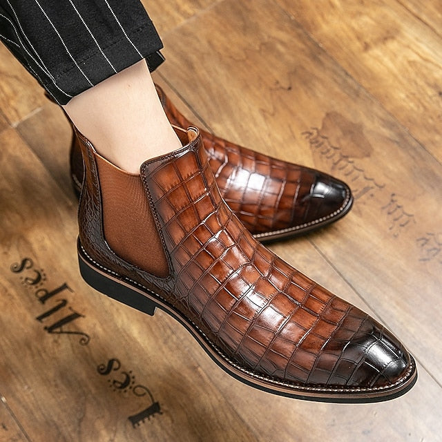 – Boots Slip-On Pattern Crocodile Men's Brown Chelsea