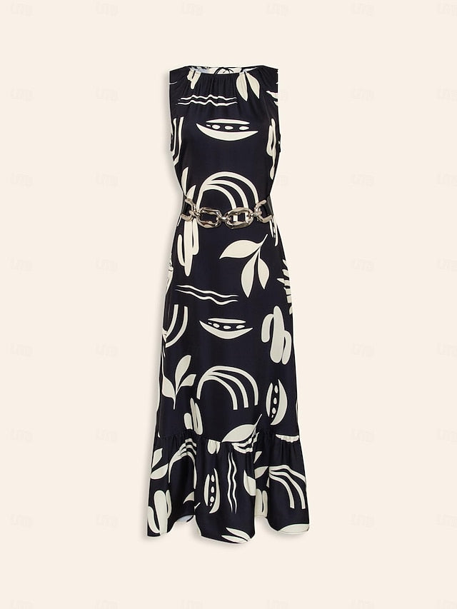 Satin Leaves Sleeveless Maxi Dress (No Belt)
