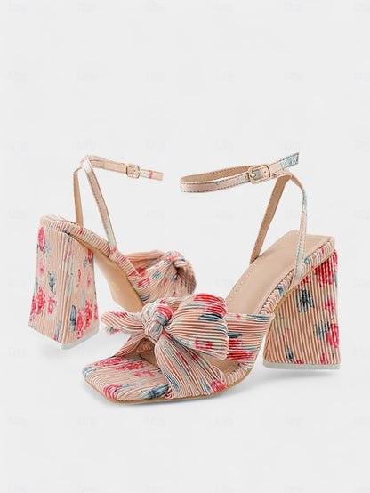 Rose Textured Detail with Heel Sandals and Knot Gold Block