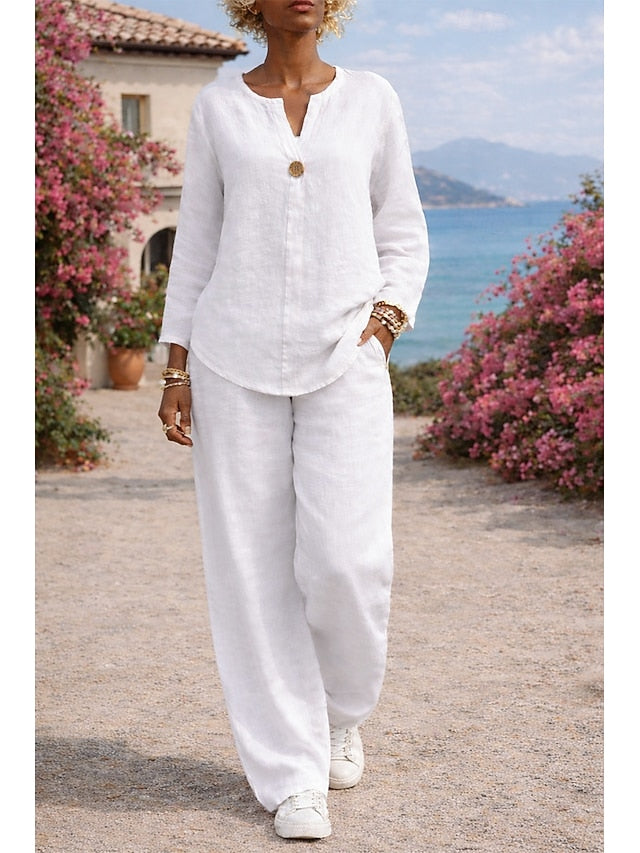 Women's Shirt Two Piece Sets Faux Cotton Linen Linen Pants