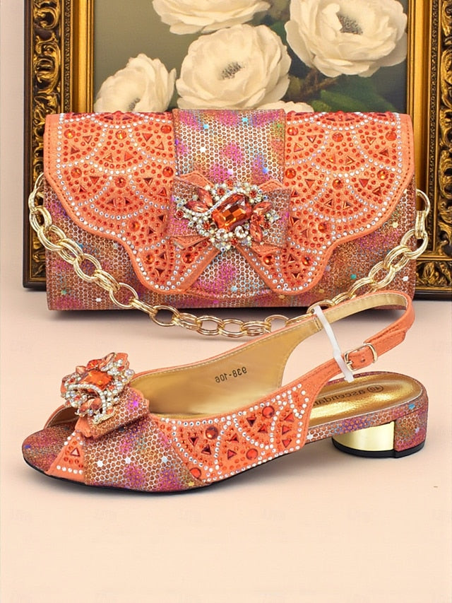 Women's Rhinestone and Gold Heels Matching Slingback Clutch