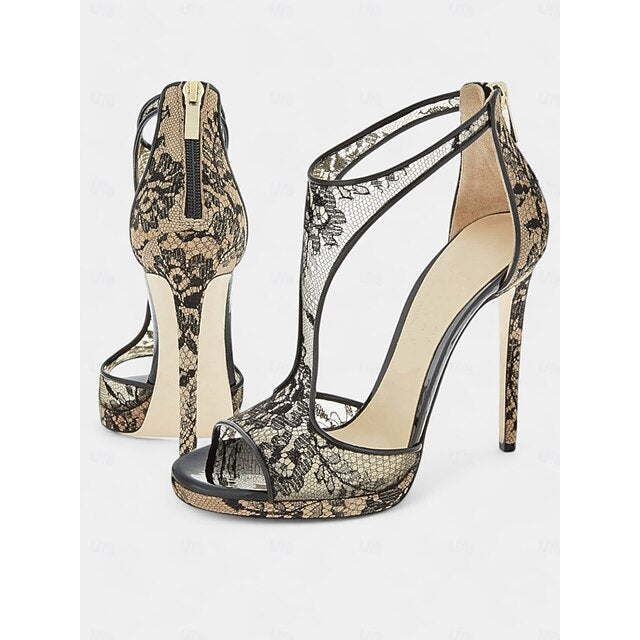 Heels Mesh Lace for Design Stiletto Peep-Toe with Black