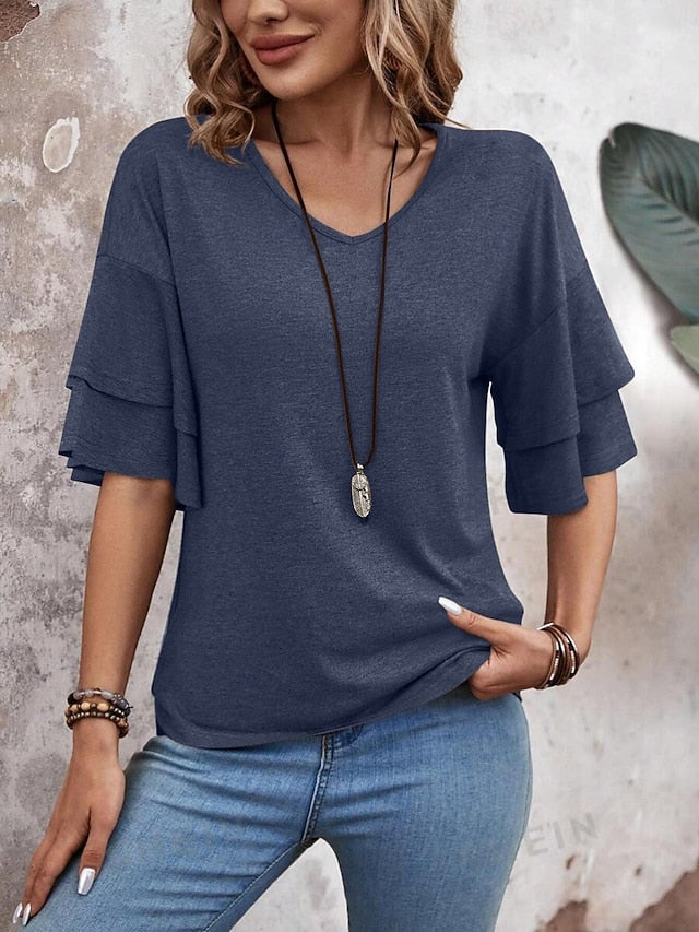 Women's T Shirt Tee Top Ruffle Plain Fashion Stylish