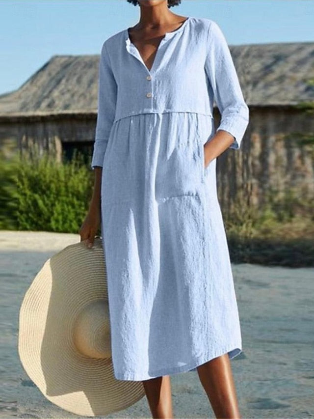 Women's Blue Black Pink Summer Spring Midi Dress Faux
