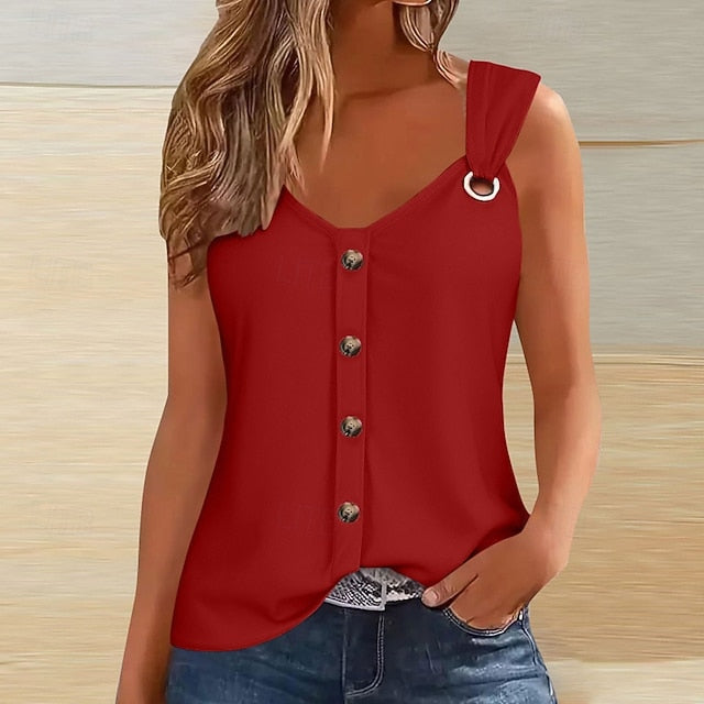 Women's T Shirt Buttons Plain Classic Casual Sleeveless V
