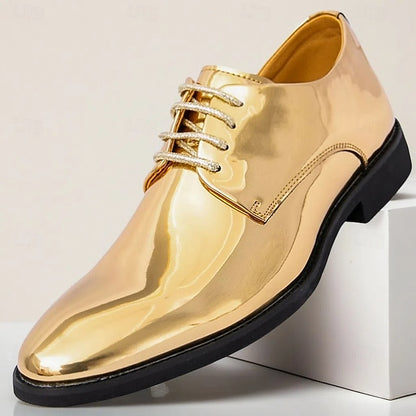 Gold – for Lace-Up Sleek Shoes Leather Men Patent Shiny