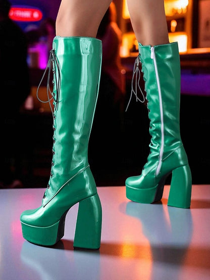 Platform Metallic High Knee Women's Silver Lace-Up - Boots