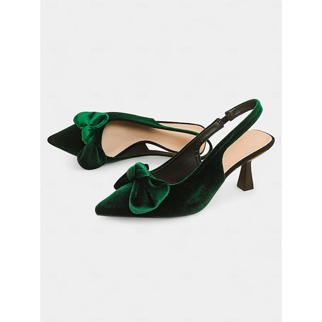 Slingback Women's Velvet Bow Blue with Heels Pointed Toe