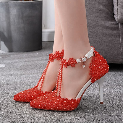 Shoes High Bridal Wedding Lace Heel Pointed Women's