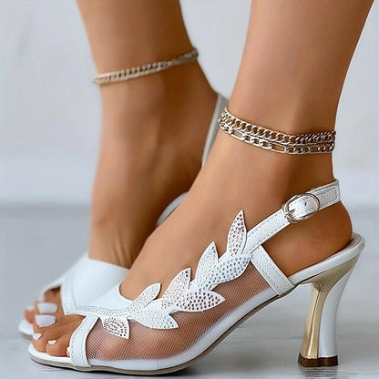 Heeled Women's Elegant – Mesh Sandals Rhinestone White