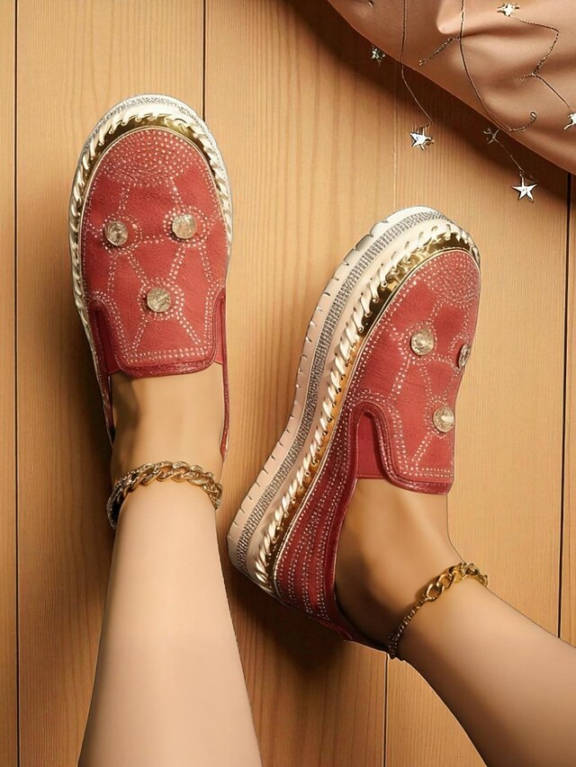 Slip-On Rhinestone Sneakers Platform Red Studs Women's with