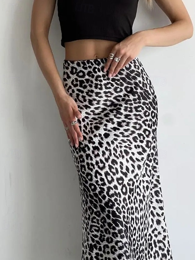 Women's Fashion Sexy Maxi High Waist Skirts Leopard Ruched