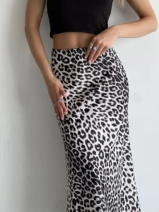 Women's Fashion Sexy Maxi High Waist Skirts Leopard Ruched