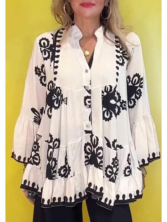 Women's Shirt Blouse Ruffle Buttons Print Graphic Bohemia