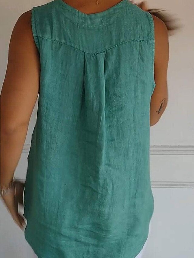 Women's Shirt Button Up Blouse Faux Cotton Linen Solid