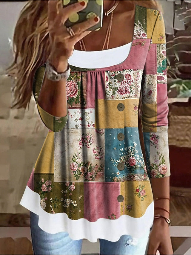 Women's T Shirt Patchwork Buttons Print Floral Graphic