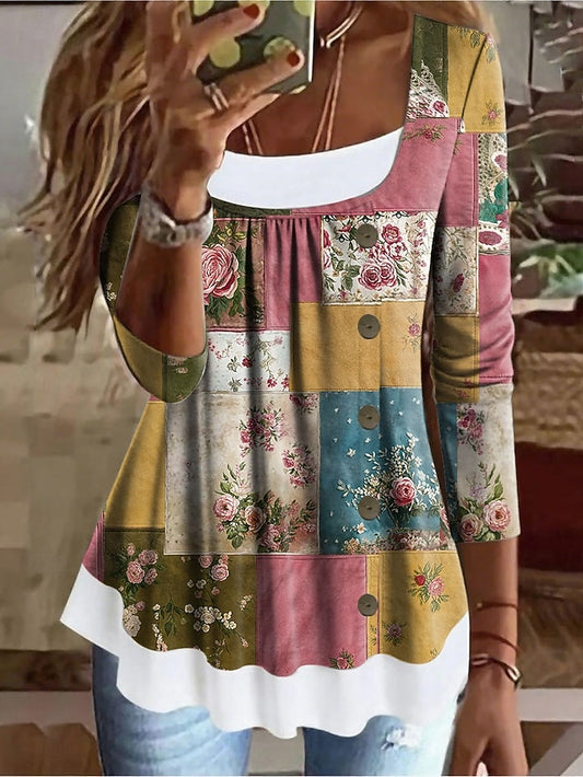 Women's T Shirt Patchwork Buttons Print Floral Graphic