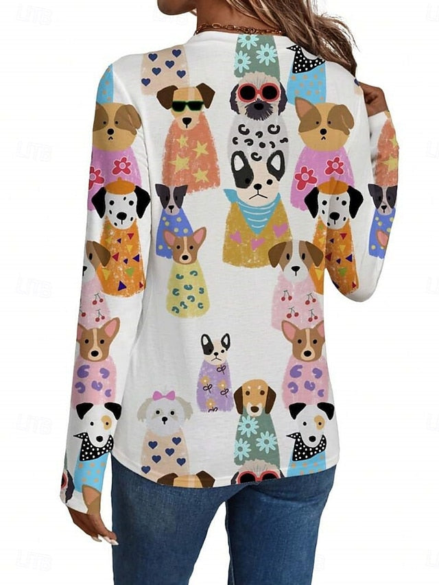 Women's T shirt Crew Neck Long Sleeve Tunic Cat Dog Casual