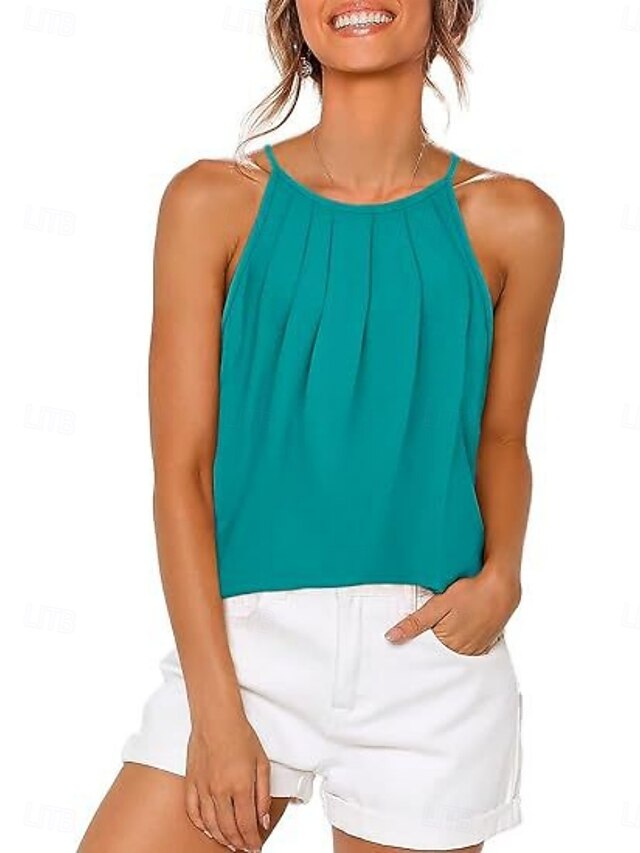 Women's Tank Top Sleeveless Shirt Tee Top Pleats Solid