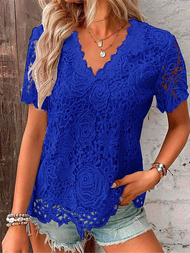 Women's Lace Blouse V-Neck Floral Short Sleeve White