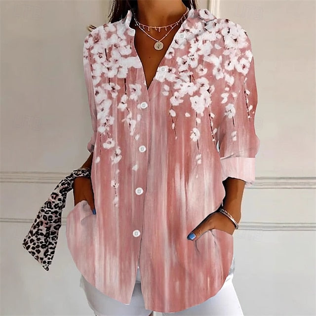 Women's Shirt Summer Tops Faux Cotton Linen Flower Daily