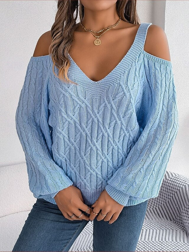 Women's Sweater Casual Soft Pure Color Ribbed Strap Knitted