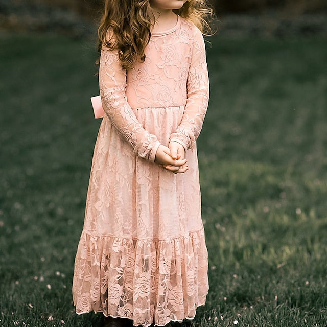 Girls' Solid Kids Colored Flower Long Dress Girl