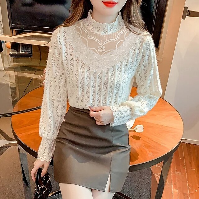 Women's Shirt Lace Shirt Blouse Illusion Lace Plain Stylish