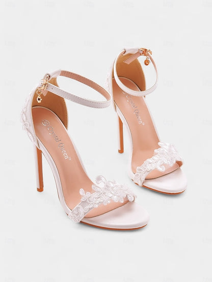 with Heels Lace Women's Stiletto Ankle Strap Wedding White