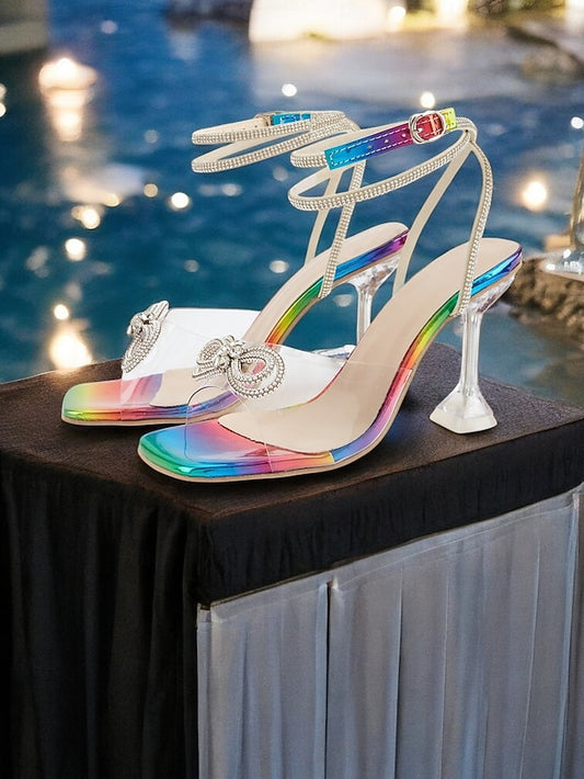 Heel with Clear High Colorful Crystal Detail Heels Rainbow Bow -