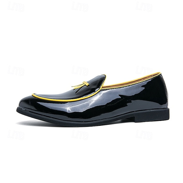Patent Faux with Trim Loafers Yellow Men's Leather Black