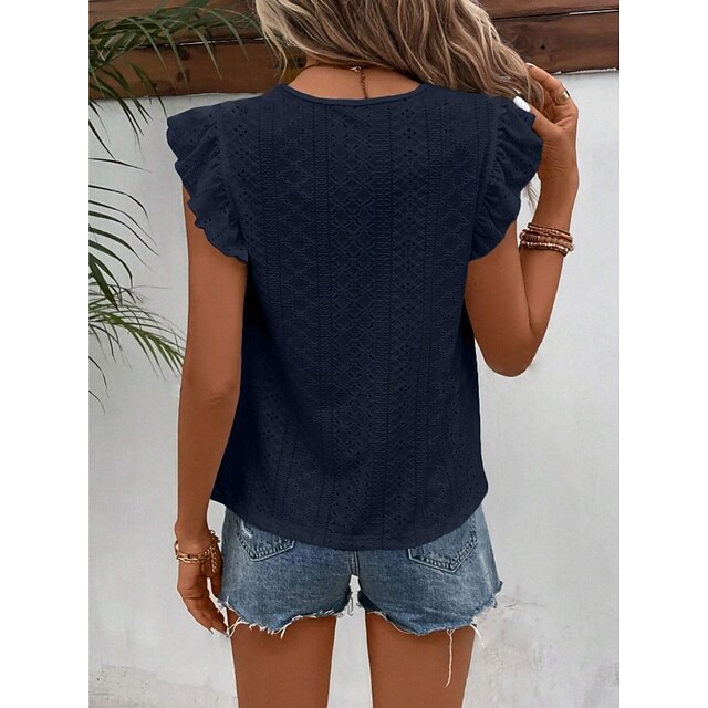 Women's T Shirt Tee Top Ruffle Eyelet Plain Fashion Stylish