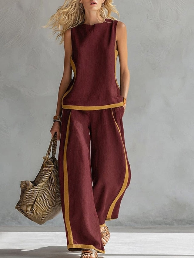 Women's Pants Sets Sleeveless Round Neck Striped Fashion
