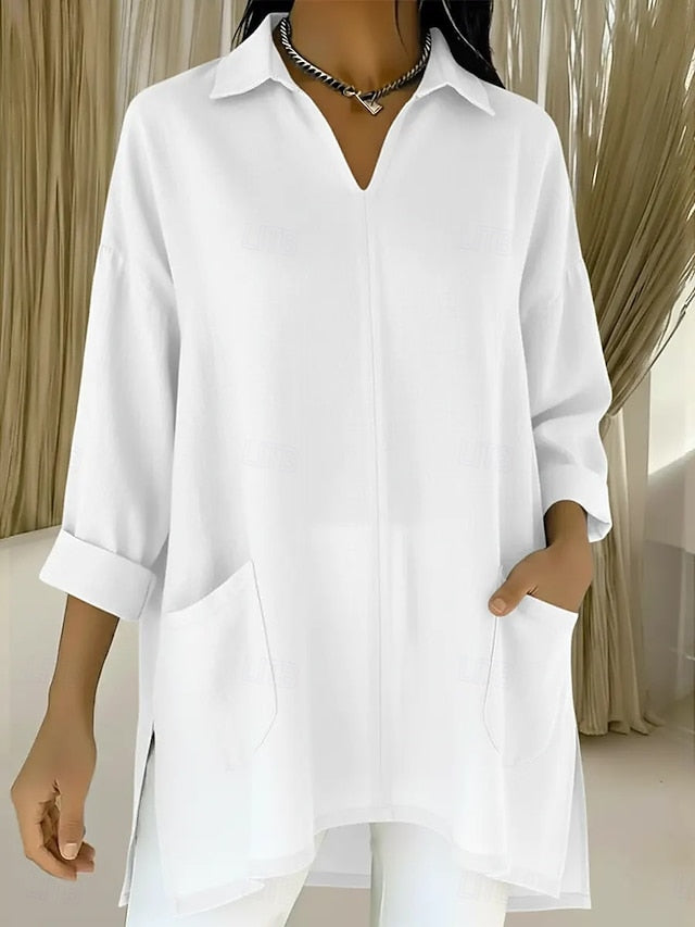Women's Tunic Cotton Shirt Faux Cotton Linen Pocket Solid