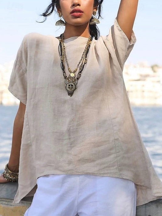 Women's Cotton Linen Shirts Solid Color Plain Vintage Cute