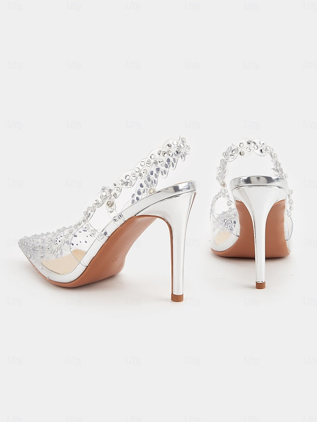 Heels Rhinestone Women's Pointed Toe Clear Slingback with